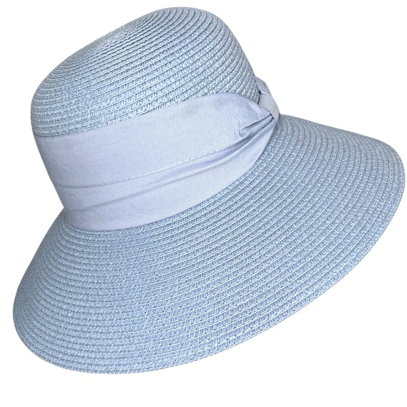 Soft Blue Cloche Style Woven Paper/Straw Hat with Side Bow - Picture 3 of 11